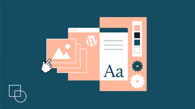 Illustration of WordPress theme customization with layout blocks, an image placeholder, typography and color settings