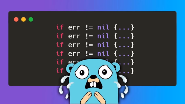 Code editor filled with repeated if err != nil checks above a worried Go gopher, illustrating Go error handling
