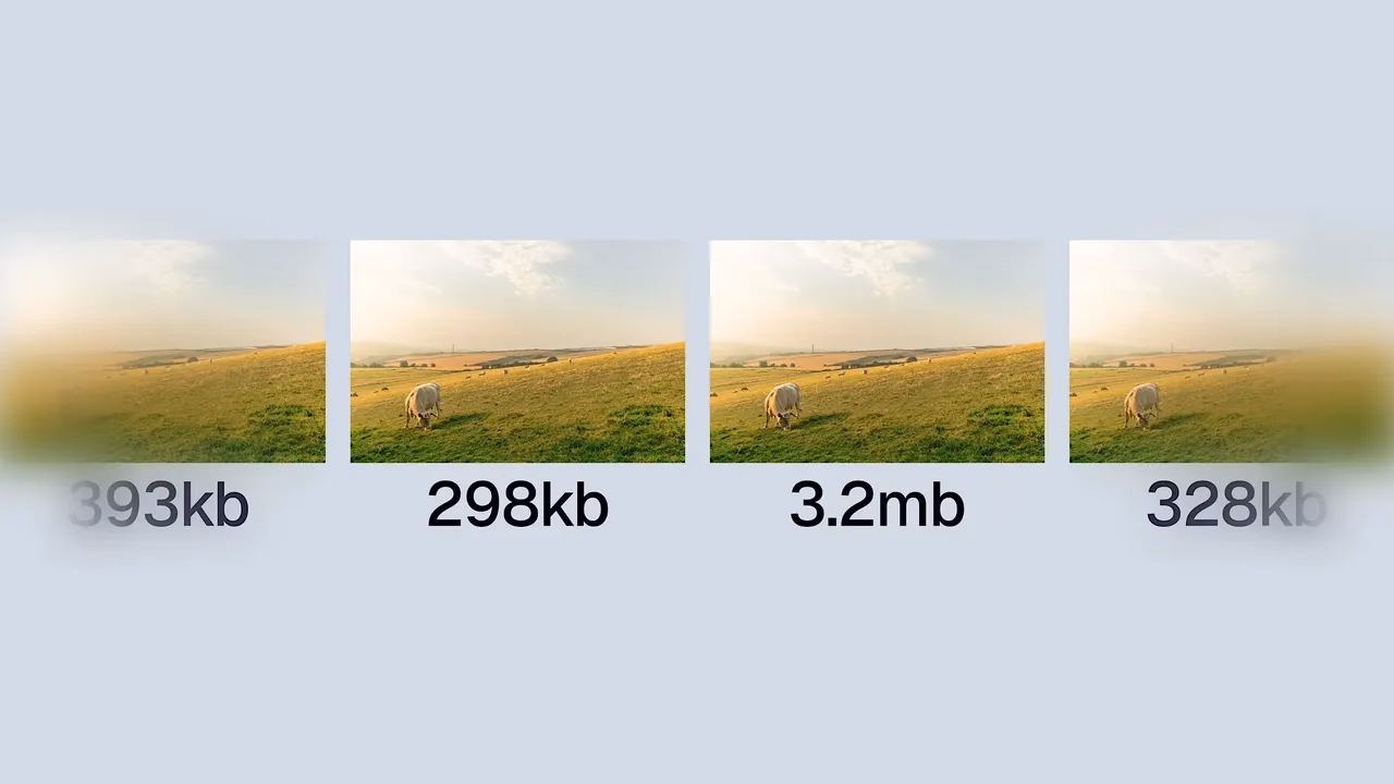 The same landscape photo shown at four different file sizes, comparing image compression formats like AVIF and WebP